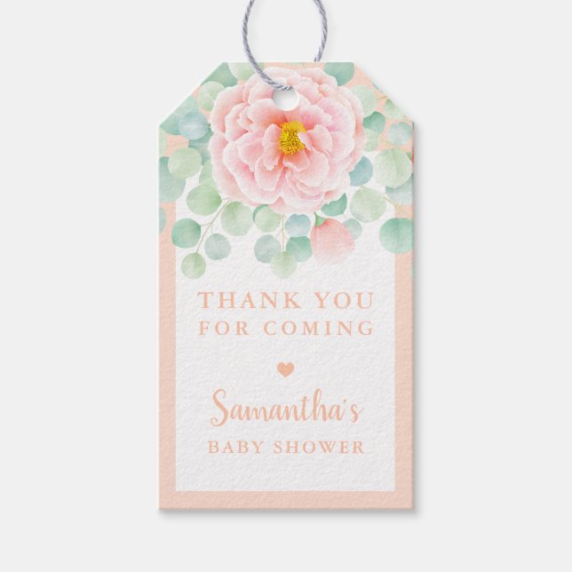 Étiquettes-cadeau Baby shower Merci Eucalyptus Twigs Peony Peach (Devant)