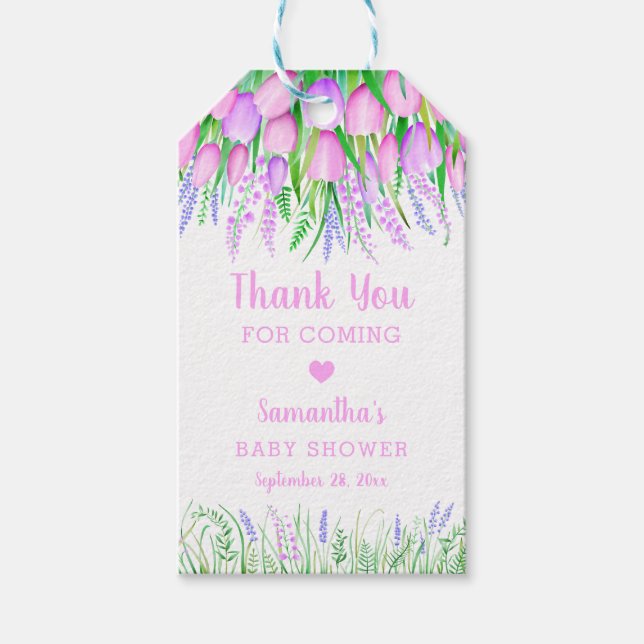 Étiquettes-cadeau Baby shower Merci Floral Spring Lavender Tulips (Devant)