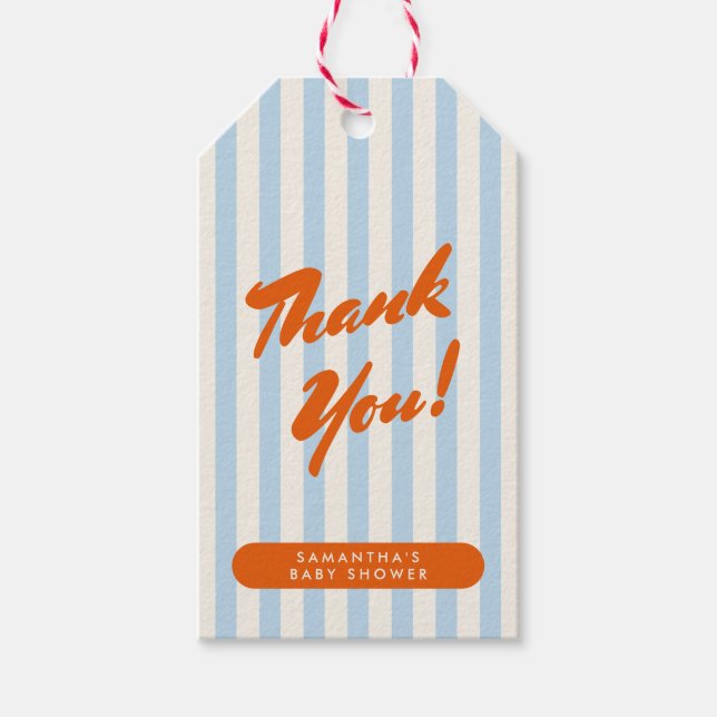 Étiquettes-cadeau Baby shower Merci Retro Orange Blue Stripes (Devant)