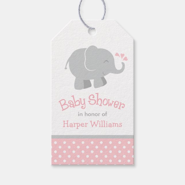 Étiquettes-cadeau Baby shower moderne Blush et Grey Elephant Girl (Devant)