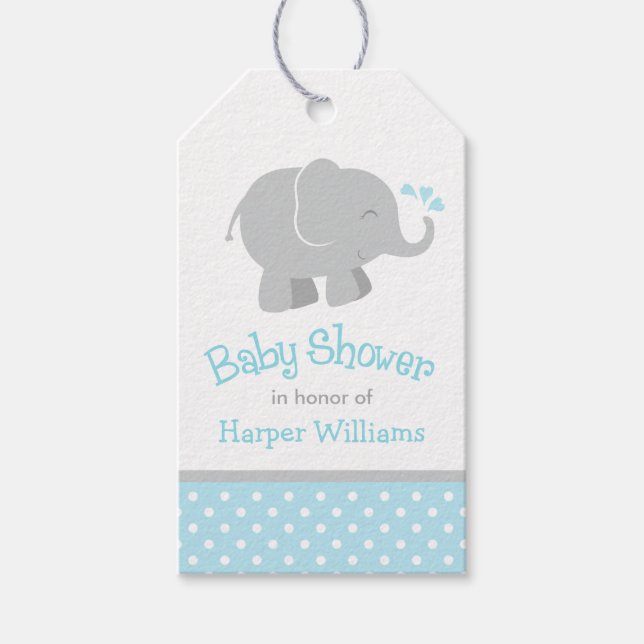 Étiquettes-cadeau Baby shower moderne Sky Blue et Grey Elephant Boy (Devant)