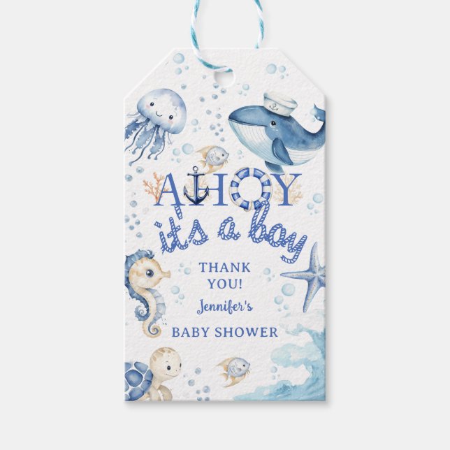 Étiquettes-cadeau Baby shower nautique Ahoy Marine Blue (Devant)
