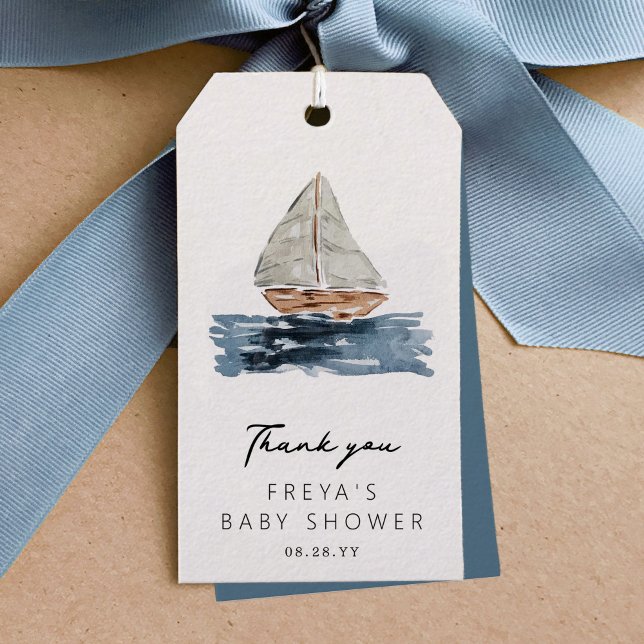Étiquettes-cadeau Baby shower nautique Merci nautique (Beautiful watercolor sailboat nautical baby shower Thank You favor gift tags.)