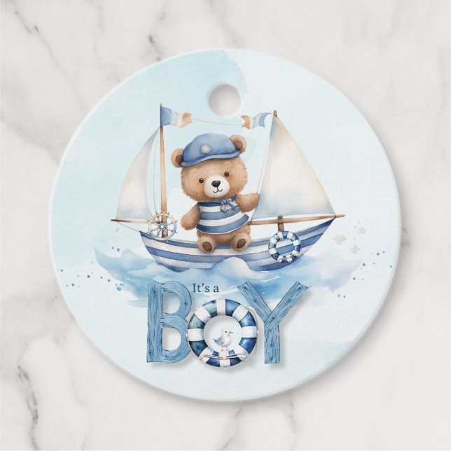 Étiquettes Cadeau Baby shower Nautique Teddy Bear Boy (Devant)