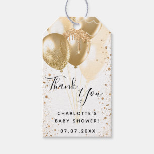 Étiquettes-cadeau Baby shower or blanc parties scintillant ballon me
