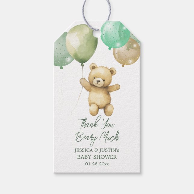 Étiquettes-cadeau Baby shower Or vert Teddy Bear Balloon (Devant)