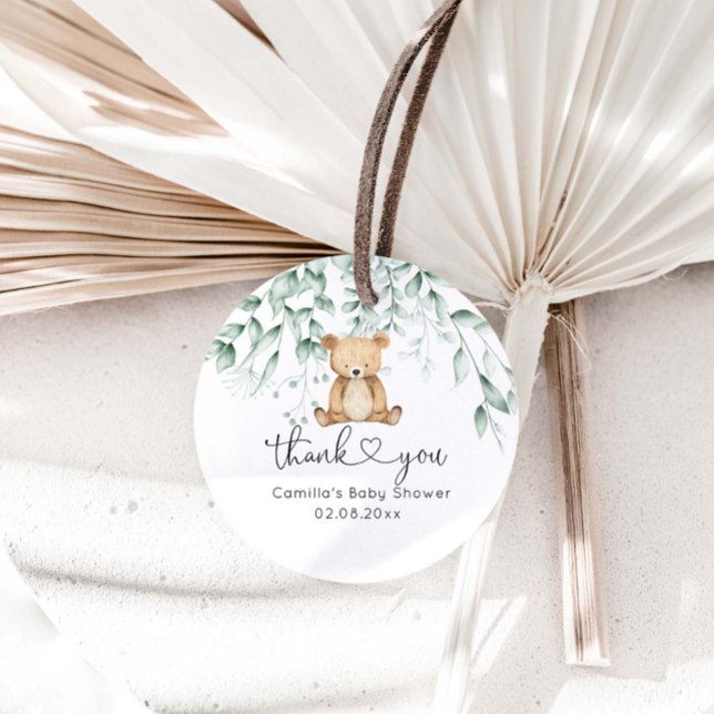 Étiquettes Cadeau Baby shower Ours mignon en bois vert (Créateur téléchargé)