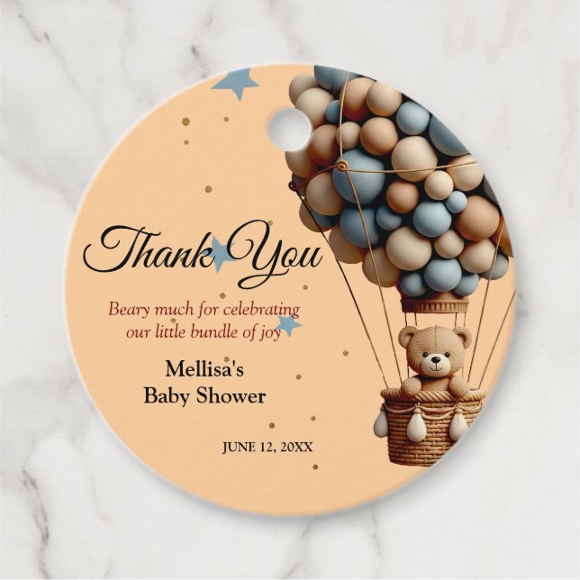 Étiquettes Cadeau Baby shower Ours Teddy Pastel Hot Air Balloon (Devant)