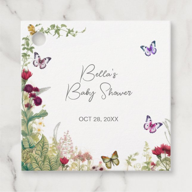 Étiquettes Cadeau Baby shower papillon fleur sauvage (Devant)
