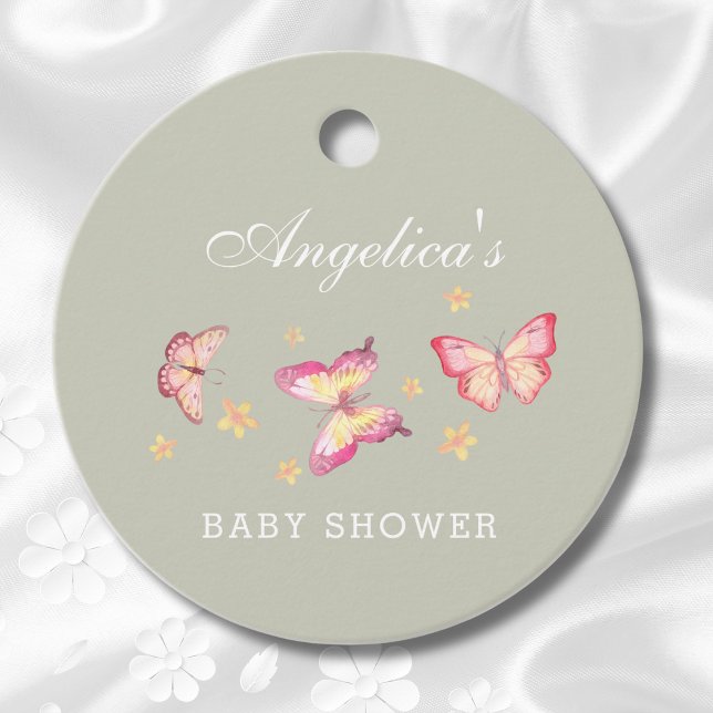 Étiquettes Cadeau Baby shower Papillon rose Peach vert Sage (Créateur téléchargé)