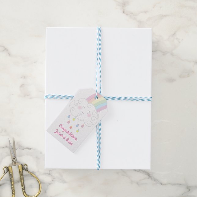 Étiquettes-cadeau Baby shower Raindrops Rainbow (Avec de laficelle)