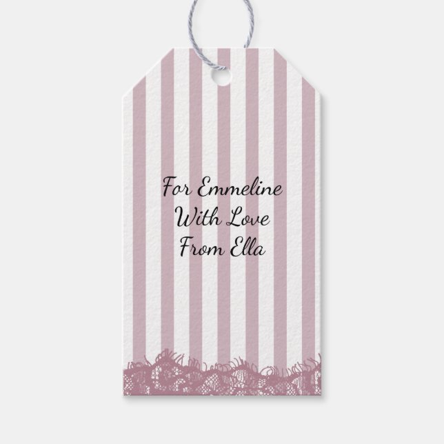 Étiquettes-cadeau Baby Shower Rayures Roses et Dentelle (Devant)