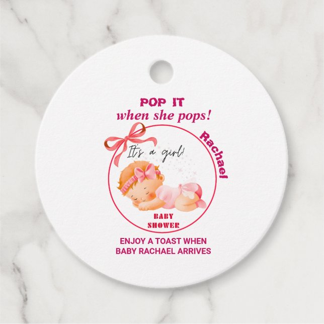 Étiquettes Cadeau Baby shower rose, Baby Girl Douche (Devant)