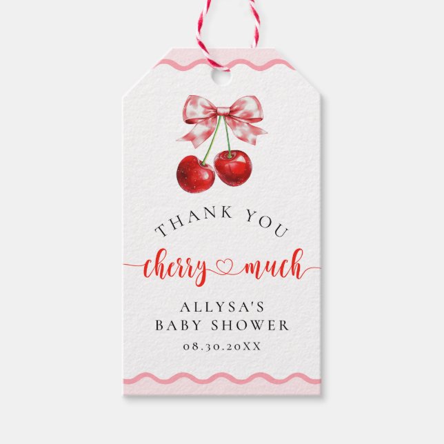 Étiquettes-cadeau Baby shower rose Coquette cerise Merci (Devant)