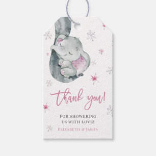 Étiquettes-cadeau Baby shower rose éléphant d'hiver fille Merci