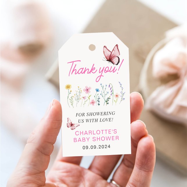 Étiquettes-cadeau Baby shower rose fille Fleur sauvage de printemps (Créateur téléchargé)