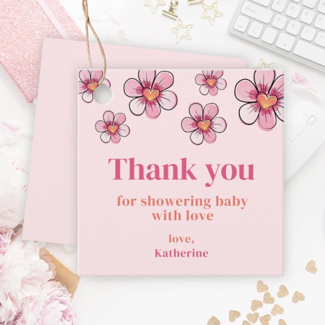 Étiquettes Cadeau Baby shower rose Fleurs Merci (Pink Flowers Baby Shower Thank You Favor Tags)