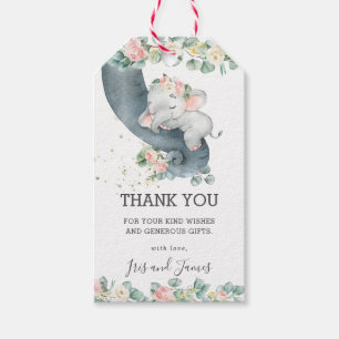 Étiquettes-cadeau Baby shower rose floral feuillu éléphant fille Fav