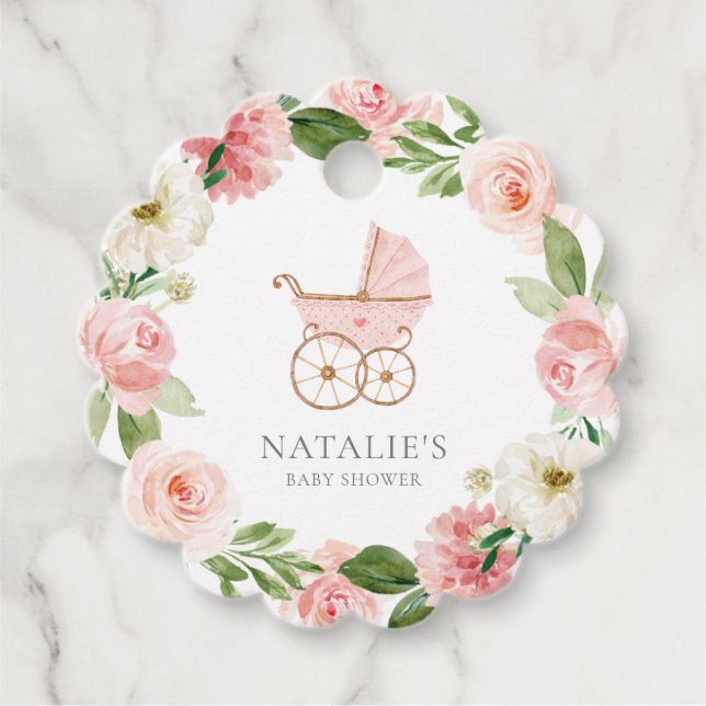 Étiquettes Cadeau Baby shower rose floral fille (Devant)