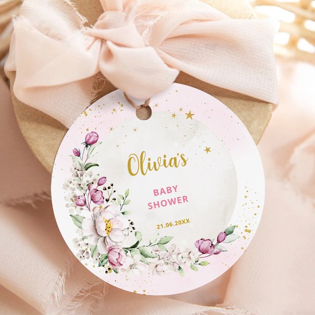 Étiquettes Cadeau Baby shower rose lune florale (Créateur téléchargé)