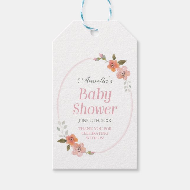 Étiquettes-cadeau Baby shower rose Merci avec délicieuses fleurs (Devant)