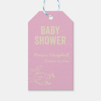 Étiquettes-cadeau Baby shower rose nid d'oiseaux