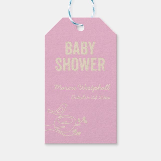Étiquettes-cadeau Baby shower rose nid d'oiseaux (Devant)