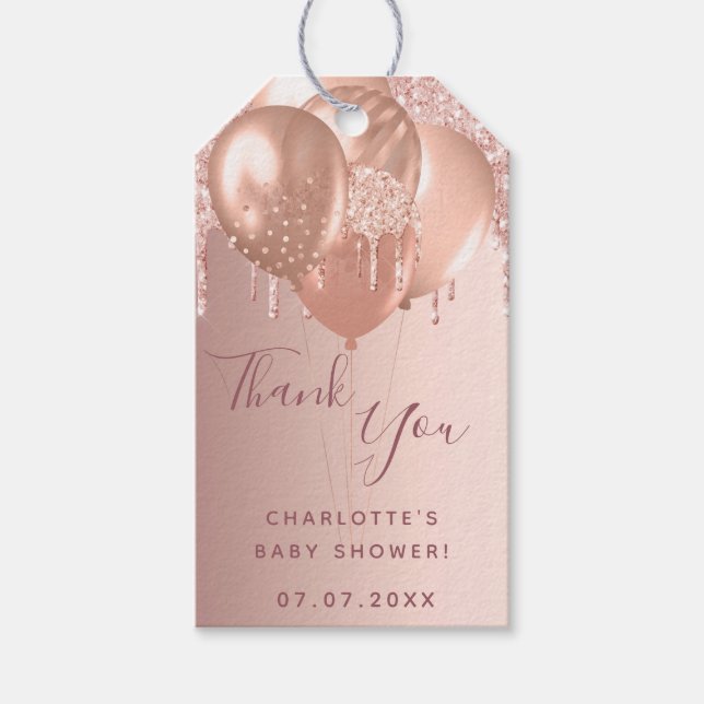 Étiquettes-cadeau Baby shower rose or ballons blush Merci (Devant)