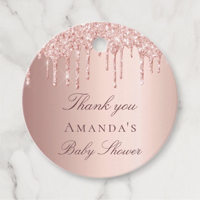 Étiquettes Cadeau Baby shower rose or rousse parties scintillant mer (Devant)