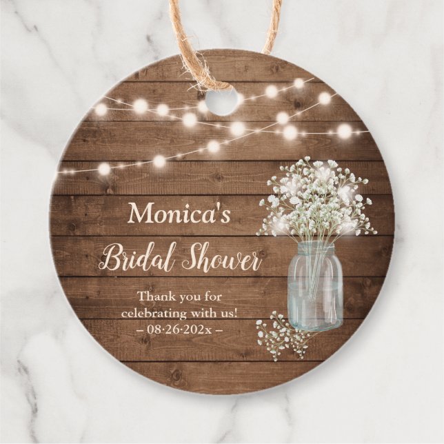 Étiquettes Cadeau Baby shower Rustic Baby's Breath String Lumières (Devant)