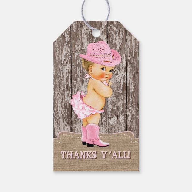 Étiquettes-cadeau Baby shower rustique de fille rose (Devant)