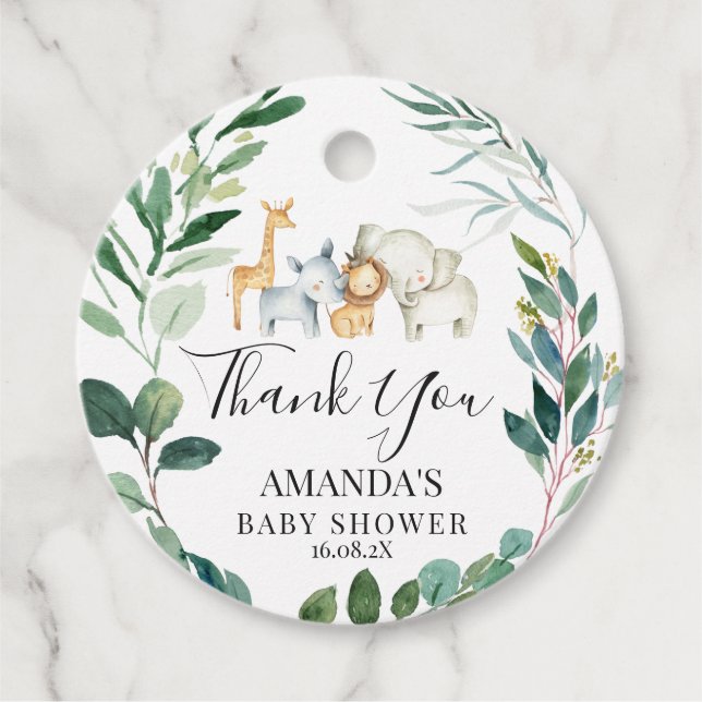 Étiquettes Cadeau Baby shower Safari Foliage Wreath Round (Devant)