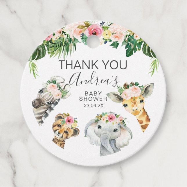 Étiquettes Cadeau Baby shower Safari Folial  rond (Devant)
