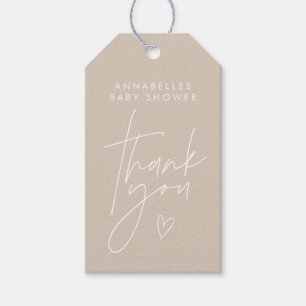 Étiquettes-cadeau Baby shower script moderne beige naturel élégant