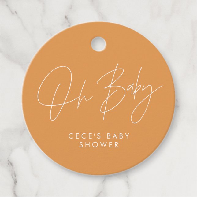 Étiquettes Cadeau Baby shower script moderne girly orange élégant (Devant)