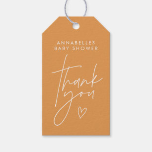 Étiquettes-cadeau Baby shower script moderne orange unique élégant
