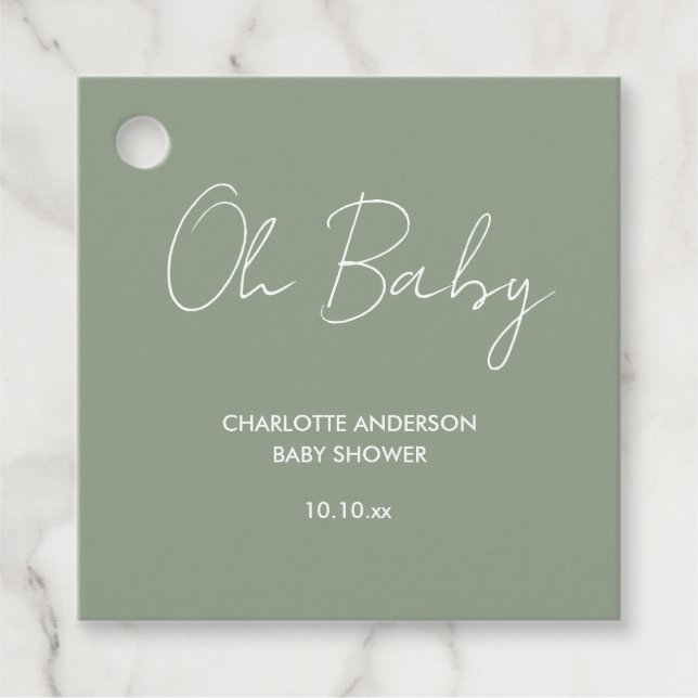 Étiquettes Cadeau Baby shower script moderne sauge vert élégant (Devant)