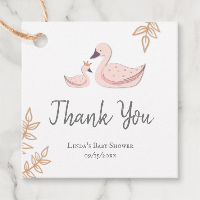 Étiquettes Cadeau Baby shower simple de Merci d'oiseaux de cygne ros (Devant)