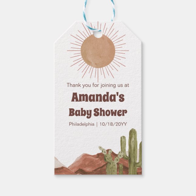 Étiquettes-cadeau Baby shower Soleil et désert (Devant)
