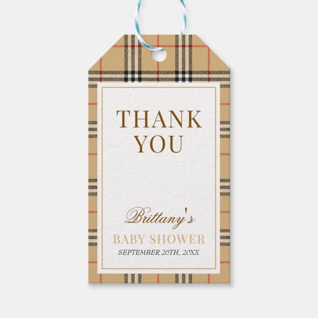 Étiquettes-cadeau Baby shower Tartan Beige (Devant)