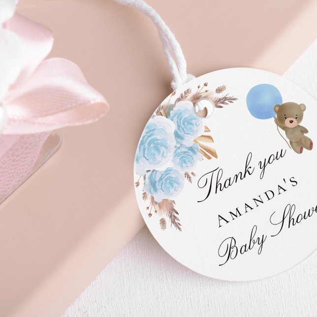 Étiquettes Cadeau Baby shower teddy pampas herbe bleu merci (Créateur téléchargé)