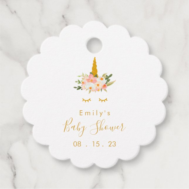 Étiquettes Cadeau Baby shower Unicorne Floral Or (Devant)