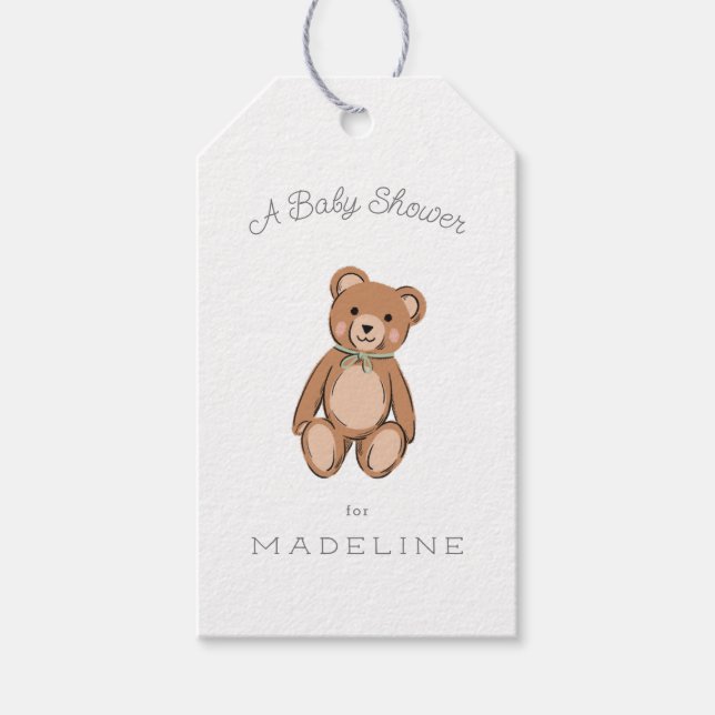 Étiquettes-cadeau Baby shower vert classique Teddy Bear Sage (Devant)