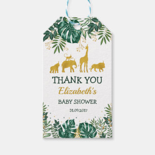 Étiquettes-cadeau Baby shower vert Gold Tropical Jungle Animaux