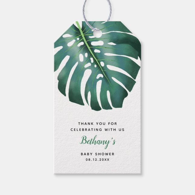 Étiquettes-cadeau Baby shower vert tropical moderne (Devant)