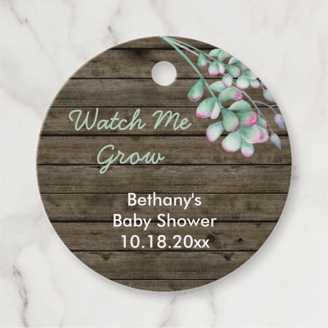 Étiquettes Cadeau Baby shower Watch Me Croissance Bois rustique & Su (Devant)