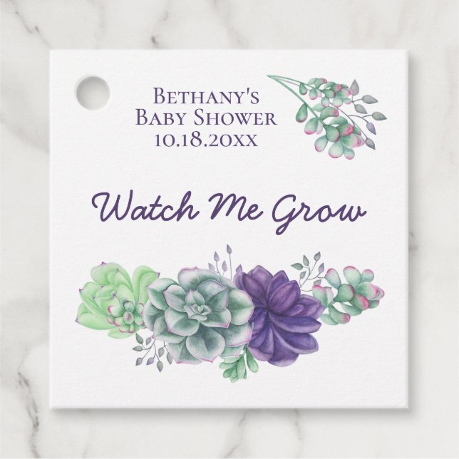 Étiquettes Cadeau Baby shower Watch Me Cultiver Violet Succulent Pla (Devant)