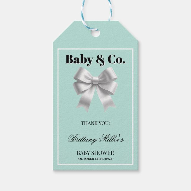Étiquettes-cadeau Baby shower Whimsy pour bébé et Co. Argent Bow (Devant)