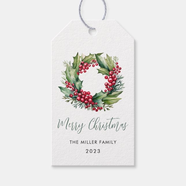 Étiquettes-cadeau Baies d'aquarelle de Noël et couronne de verdure (Devant)
