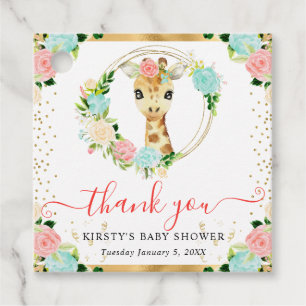 Étiquettes Cadeau Bain de bébé floral à la girafe de la jungle migno